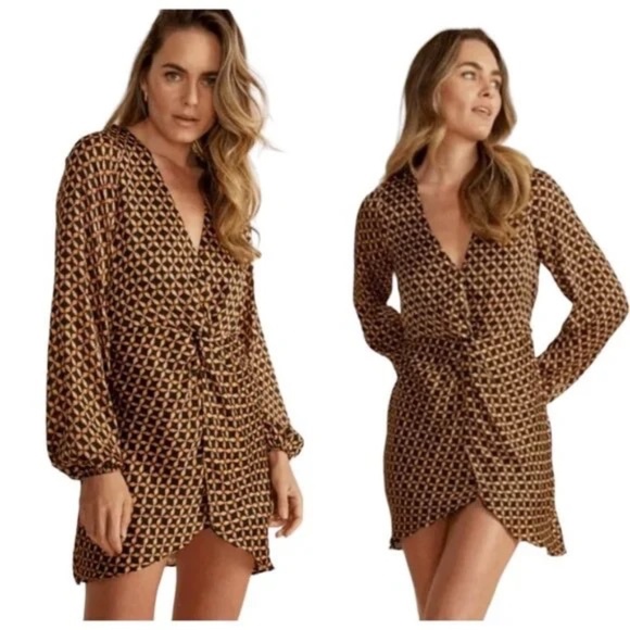 •👗NWT($138) |•MINKPINK•| Valentina Mini Dress Knotted Twist Front Long Sleeve M - Picture 12 of 15